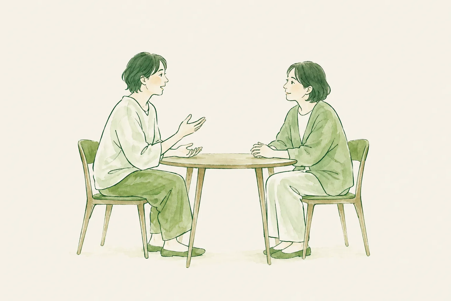 机をはさんで向き合い、一人が話し、もう一人が穏やかに耳を傾ける二人のイラスト